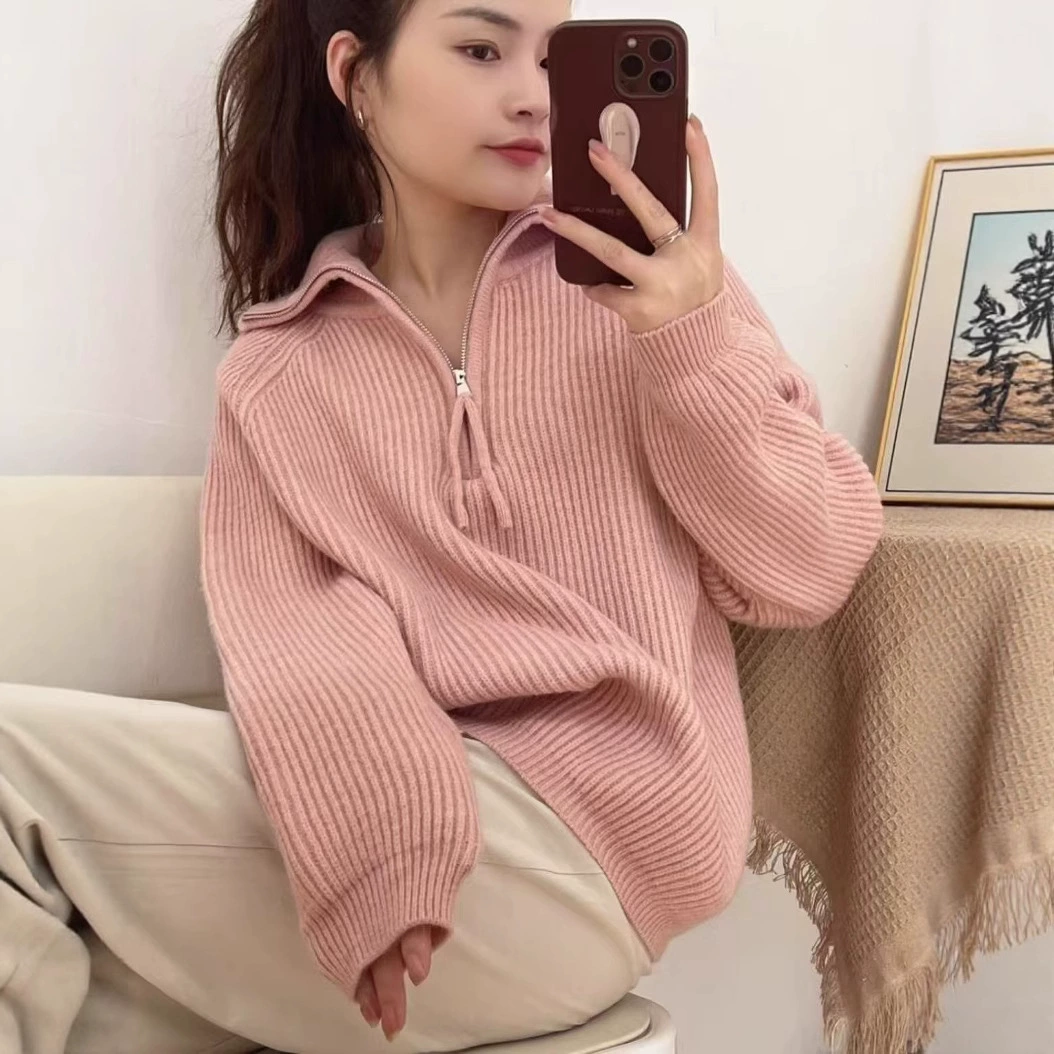 Свитер с высоким воротником на молнии для женщин осенью и зимой, новый дизайн, свободный пуловер в корейском стиле, мягкий и восковой однотонный вязаный топ