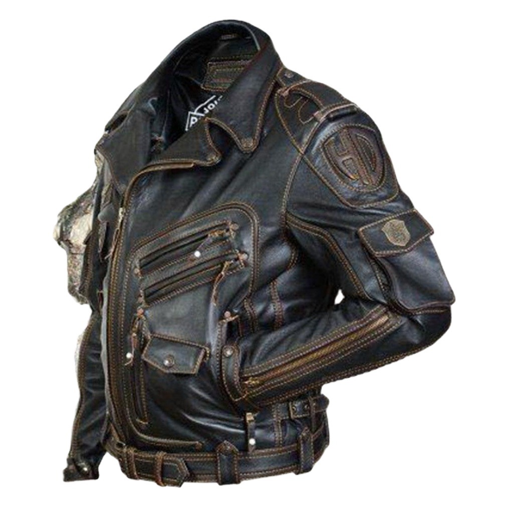 In Stock European and American men's cross-border wish Amazon vintage leather men's multi-pocket personalized leather coat jacket