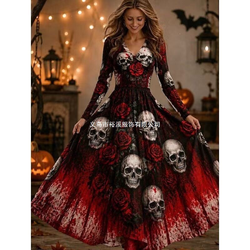 2026 Cross-border New Halloween Women's Party Dress with Pumpkin, Ghost, and Witch-themed Patterns, Featuring a Flowy, Long Skirt
