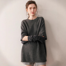 新款秋冬山羊绒气质简约女圆领中款半袖毛衣套头羊毛针织短袖打底