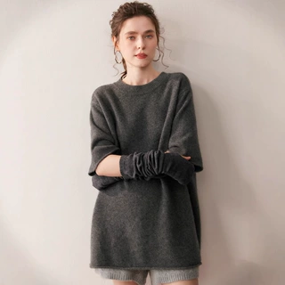 新款秋冬山羊绒气质简约女圆领中款半袖毛衣套头羊毛针织短袖打底