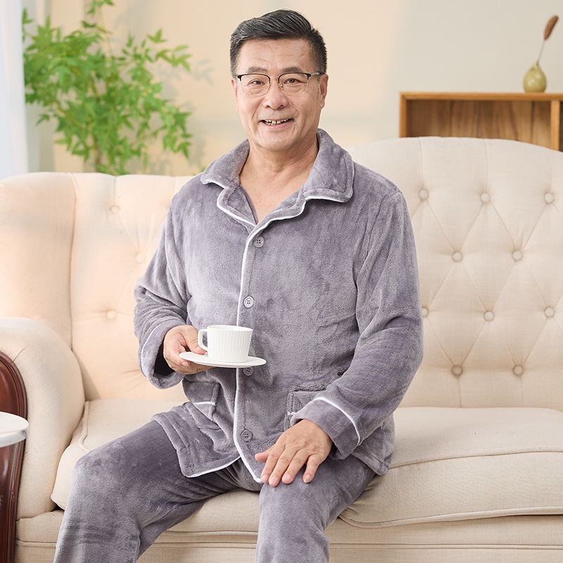 Papá pijama de coral para hombres otoño y invierno más veludo engrosado de mediana edad hombre franela conjunto de ropa de casa