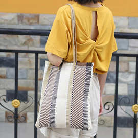 韩版时尚编织帆布包简约文艺复古单肩女包ins休闲草编拼色手提包