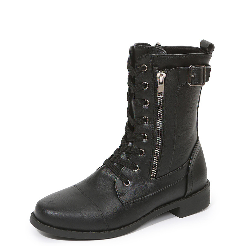 Chaussures pour femmes nouvelles bottes Martin à bout rond et à talon bas avec fermeture éclair sur le côté pour femmes, bottes en cuir rétro à talon carré et tube moyen de grande taille_voghion.com