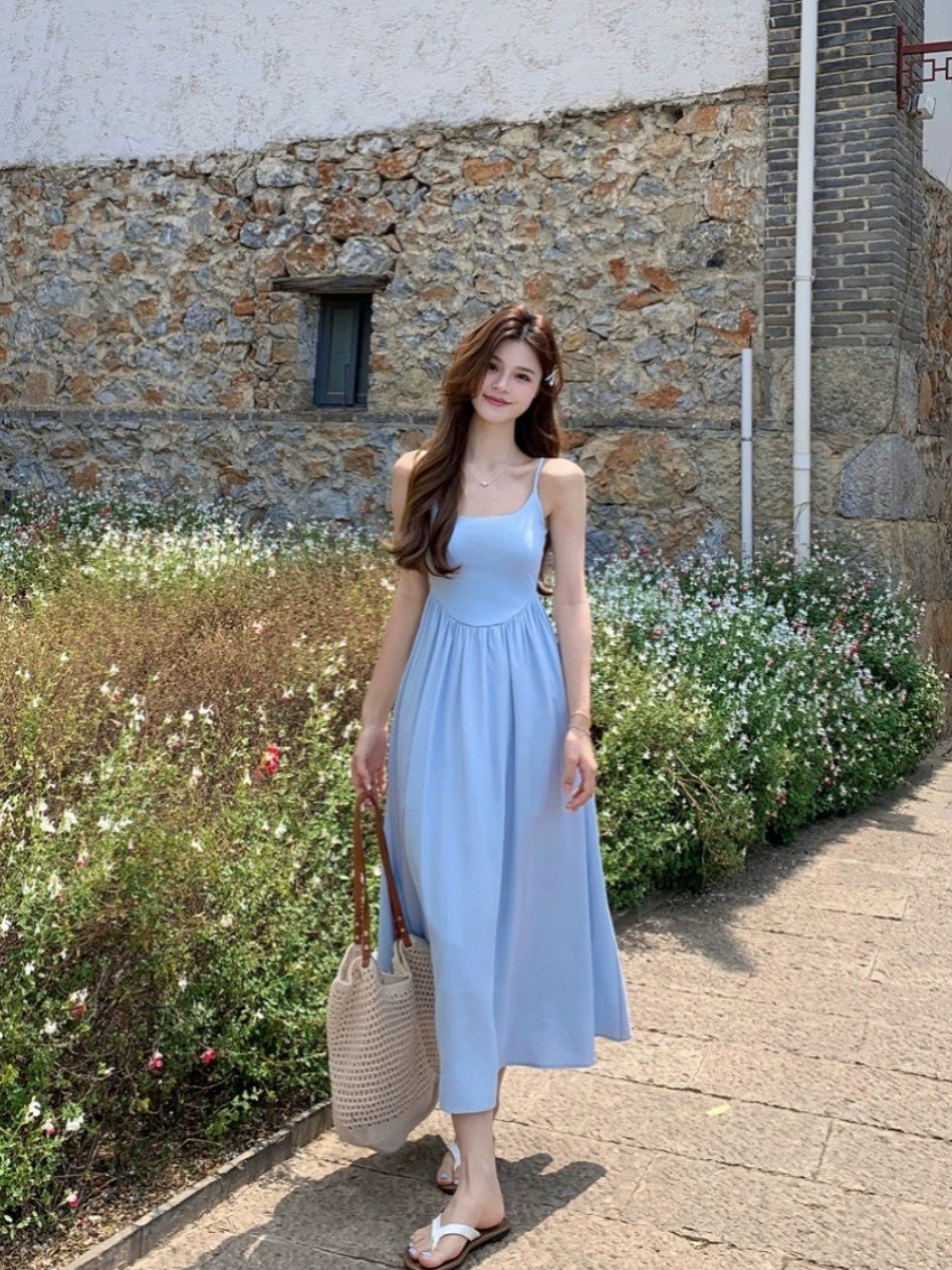 Летний новый стиль, закрывающий талию, стройнящий и нежный красивый французский стиль, юбка на подтяжках, женственное платье в стиле морского курорта.