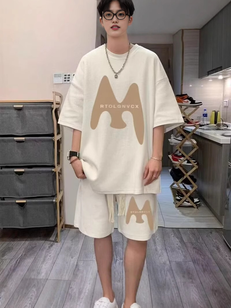 Camisas menos ropa verano para hombres nuevo waffle traje de manga corta deportes casuales de dos piezas en uno guapo y suelto