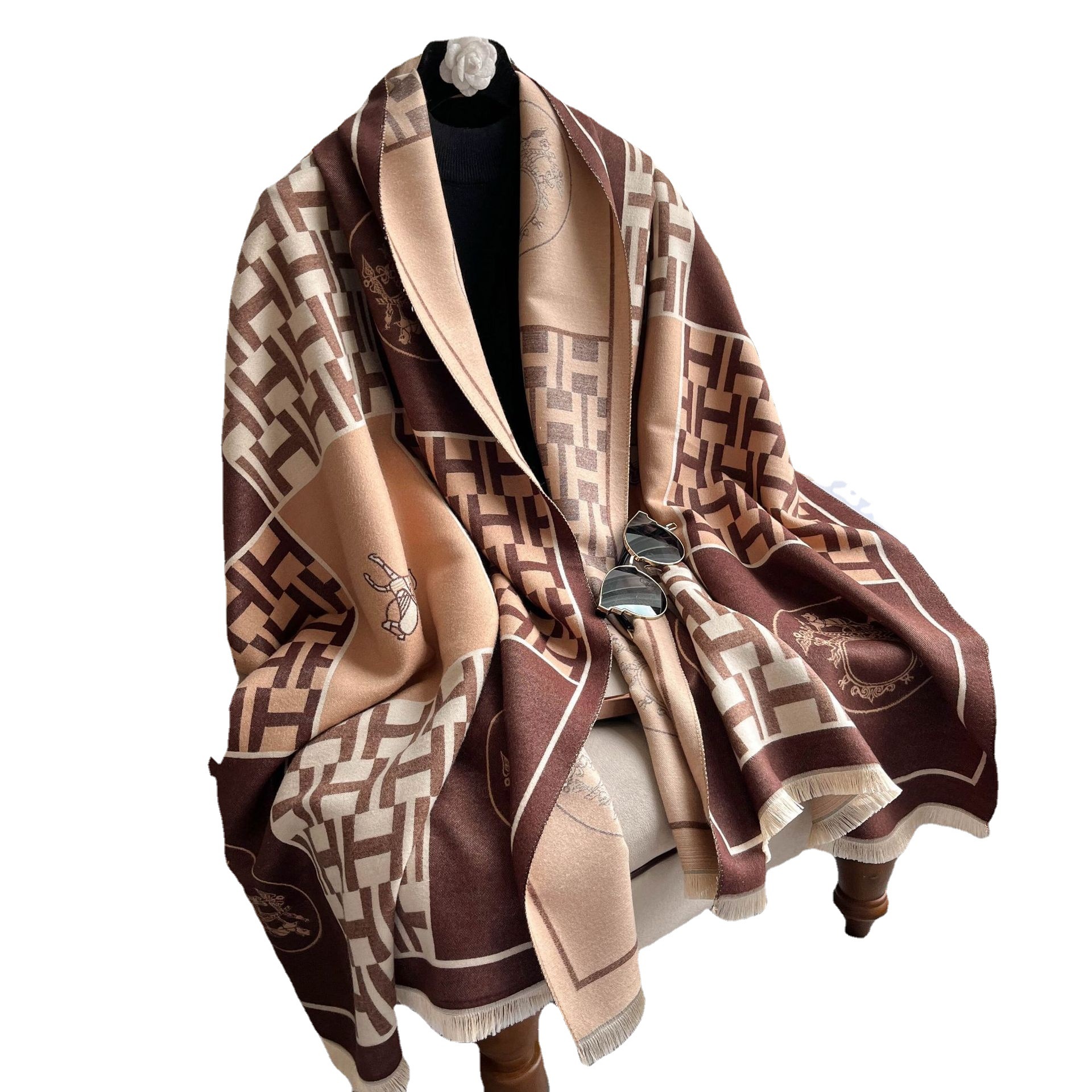 2022 estilo coreano H carro patrón bufanda de Cachemira de doble cara cálido bufanda engrosada de longitud media chal exterior para mujeres