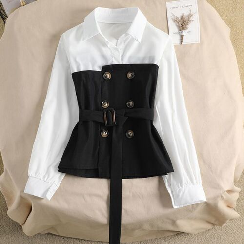MG Elephant New Short Figure Patchwork POLO Collar Irregular Hem Belted Waist Long Sleeve Shirt