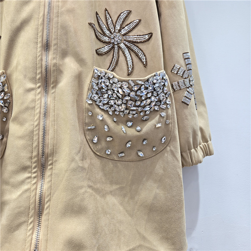 Chaqueta con Cuentas y Flores para Mujer Holgada con Solapa
