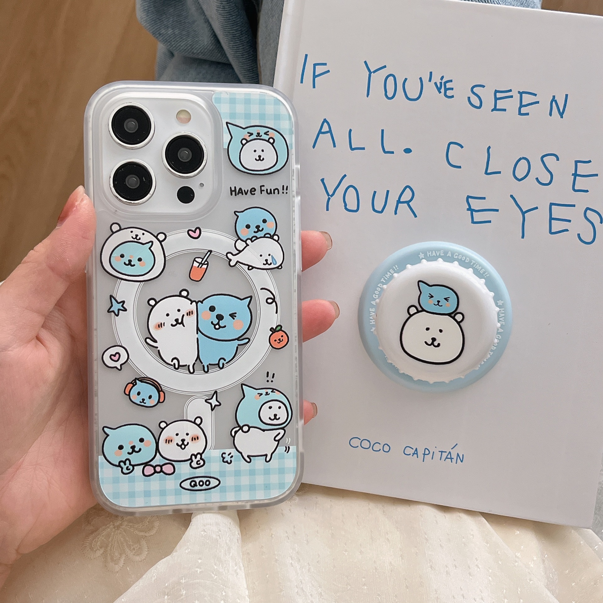 Divertido y lindo oso soporte de tapa de botella magnético para iphone16ProMax funda para teléfono móvil Apple 15 14 sensación de piel