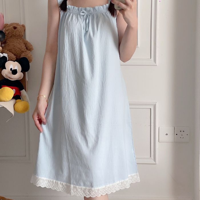 Venta al por mayor transfronteriza nuevo estilo cloud algodón camisón verano honda pijama mujer color sólido encaje dulce vestido de servicio a domicilio