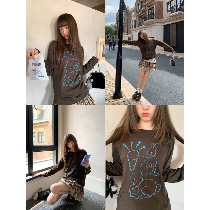 Unique Rabbit Carrot Print Loose Long-Sleeve T-Shirt for Women, Spring Season Loose Slimming Base Shirt Top Unique Rabbit Carrot Print Loose Long-Sleeve T-Shirt for Women, Spring Season Loose Slimming Base Shirt Top