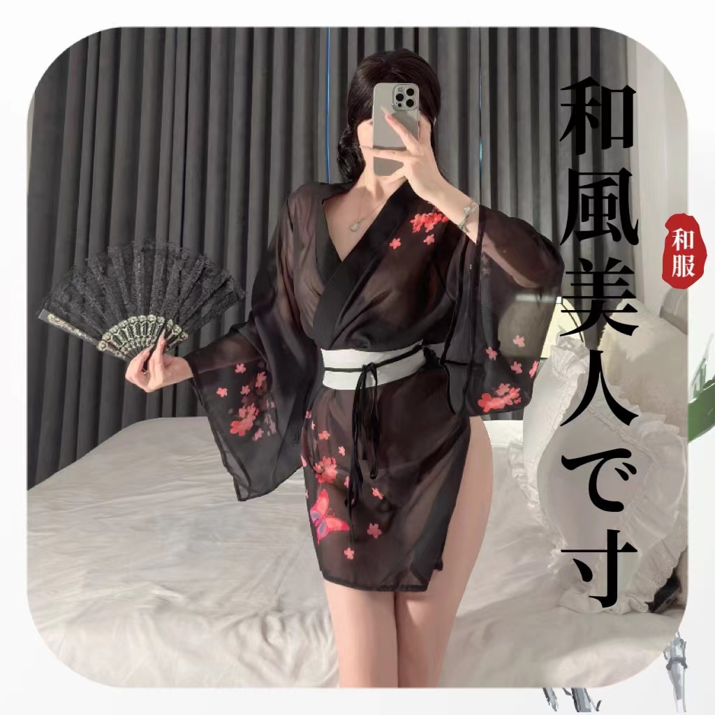 Japanese-Style Cherry Blossom Kimono Lingerie Set with Deep-V Top and Matching Open-Toe Stockings — detail image 2