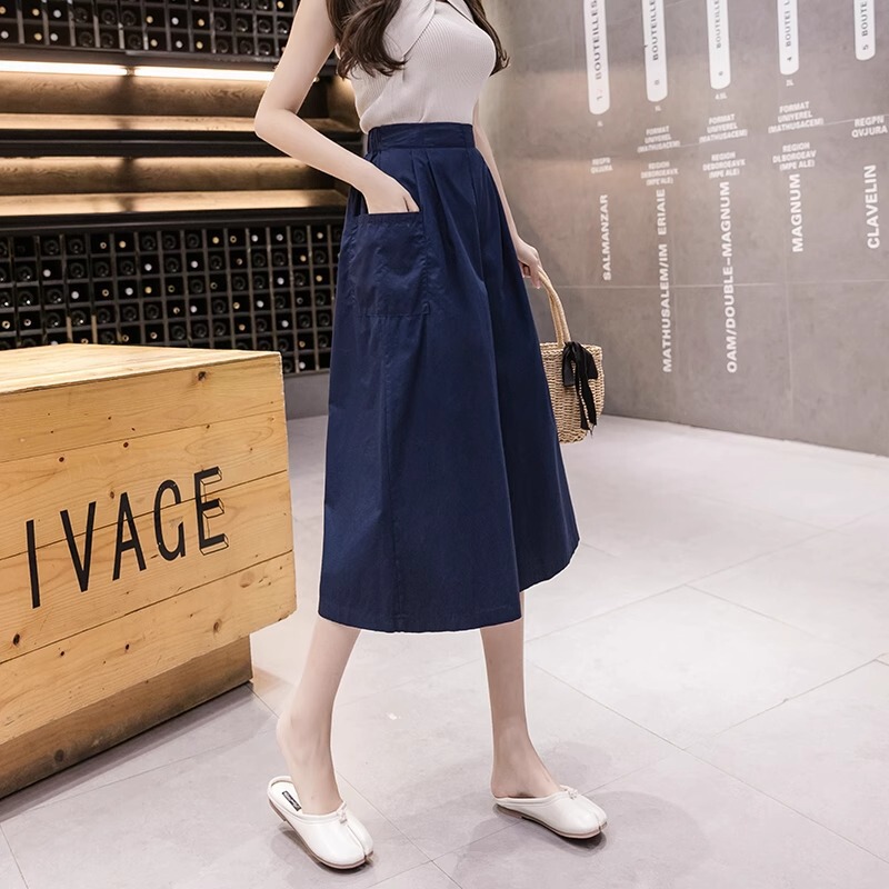 Washed Pure Cotton Casual Pants for Women, Summer Thin Loose High-Waisted Cargo Wide-Leg Skirt Pants, Versatile Cropped Straight Pants Trendy