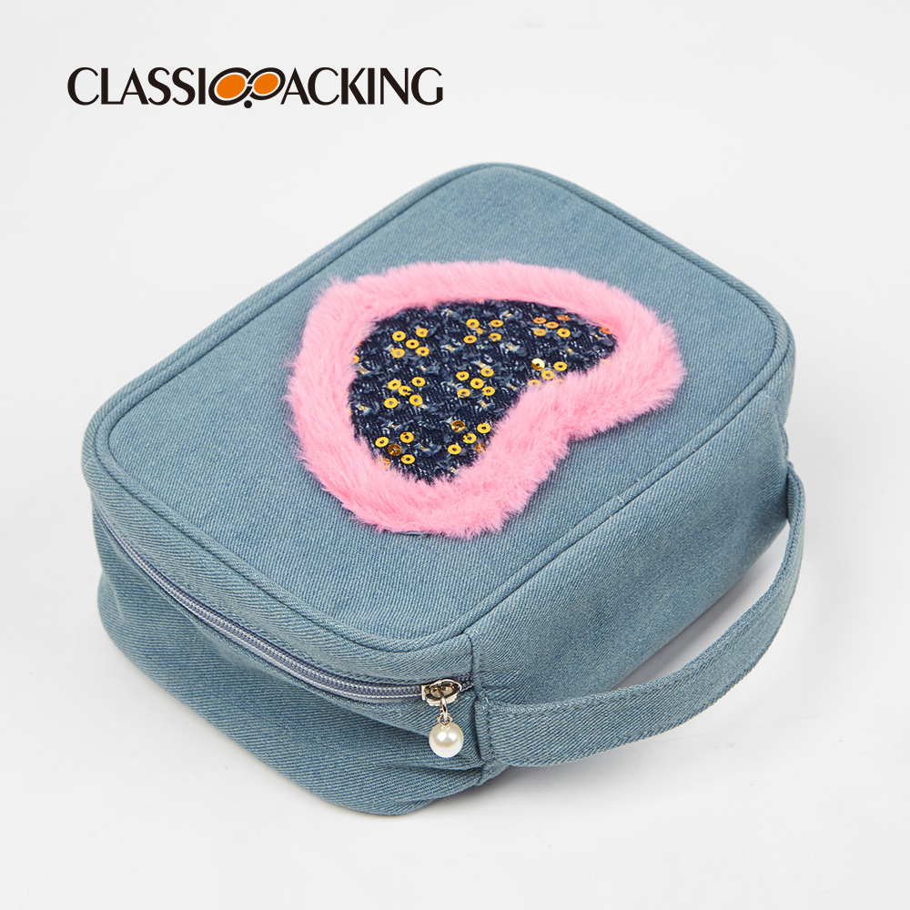 Bolsa de lavado diseñada por el fabricante, material de mezclilla de gran capacidad, bolsa de cosméticos portátil de viaje impermeable, se puede imprimir con logotipo