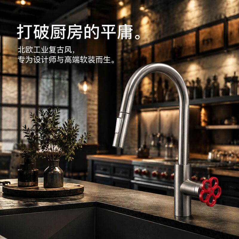American Retro Industrial Style Kitchen Pull-Out Faucet Loft Red Handle Stainless Steel Hot and Cold Sink Basin American Retro Industrial Style Kitchen Pull-Out Faucet Loft Red Handle Stainless Steel Hot and Cold Sink Basin