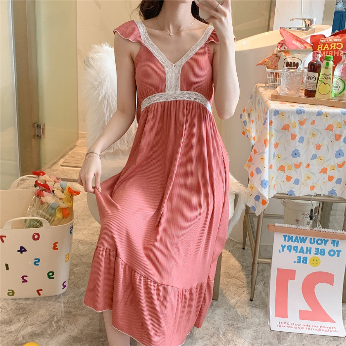 El comercio exterior 2023 camisón de verano pijamas delgados de las mujeres sexy sling Net punto rojo de longitud media con el pecho pad ropa para el hogar