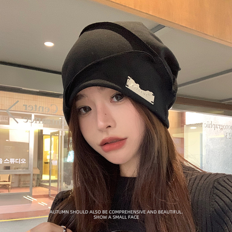 Mostrar cara pequeña pila sombrero mujer primavera y otoño versátil callejera celebridad de la moda de punto sombrero frío de otoño y invierno gorra de cabeza grande