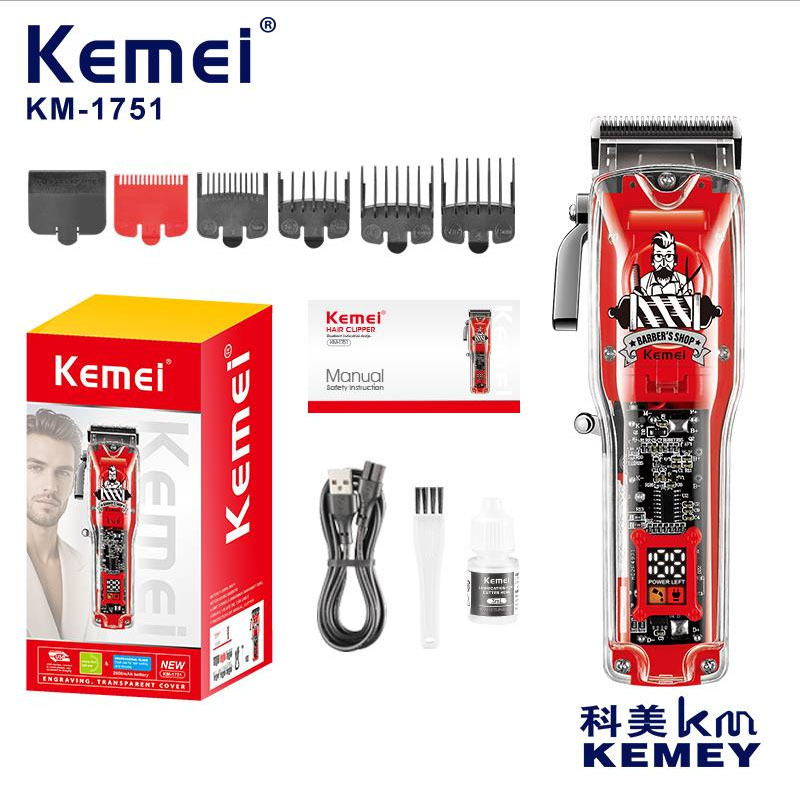Corte de pelo Kemei doméstico de alta potencia ABS transparente tijeras de empuje eléctricas de larga duración tijeras de corte de pelo eléctricas de empuje de aceite