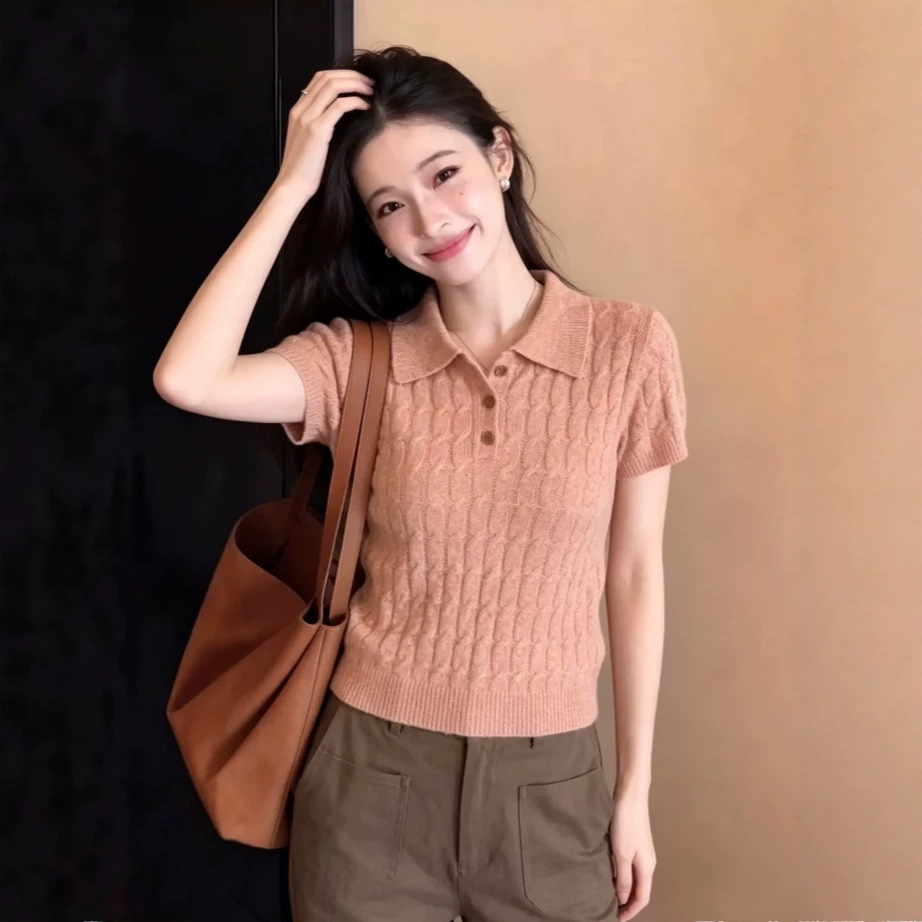 Áo thun polo nữ tay ngắn phong cách Hàn Quốc, chất liệu cotton dệt kim mềm mại — màu sắc chi tiết 2