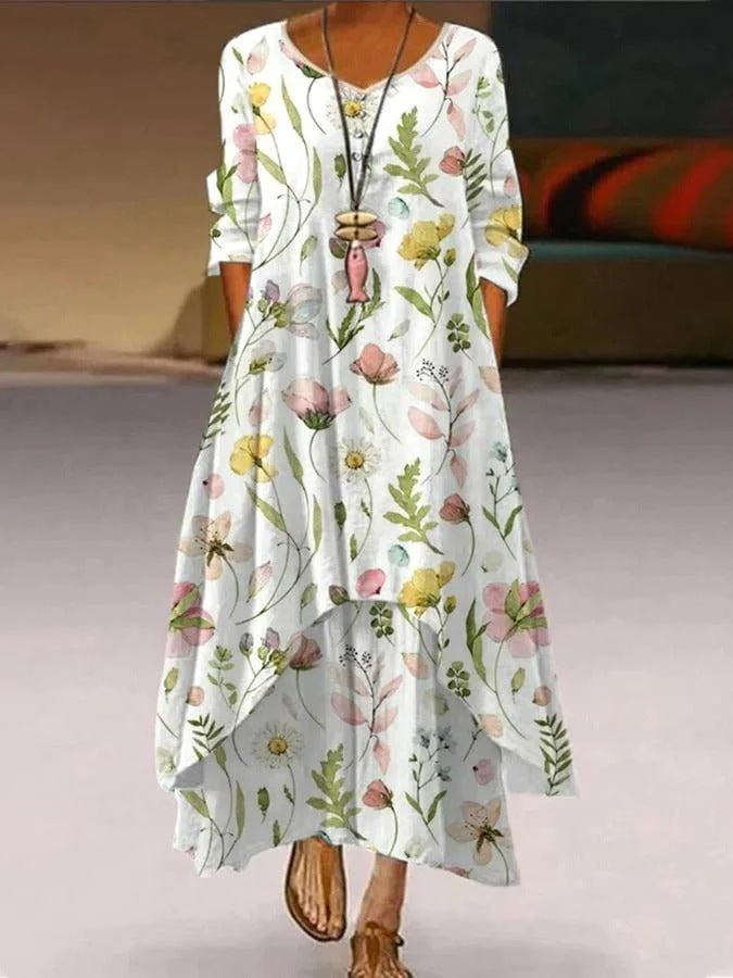 2025 European and American Fashion Amazon Independent Site Mid-Sleeve Digital Printing Round Neck Dress Long Skirt