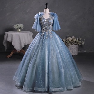 Colored sand new style double shoulder gray blue solo performance pettiskirt student vocal art exam performance dress annual meeting host dress