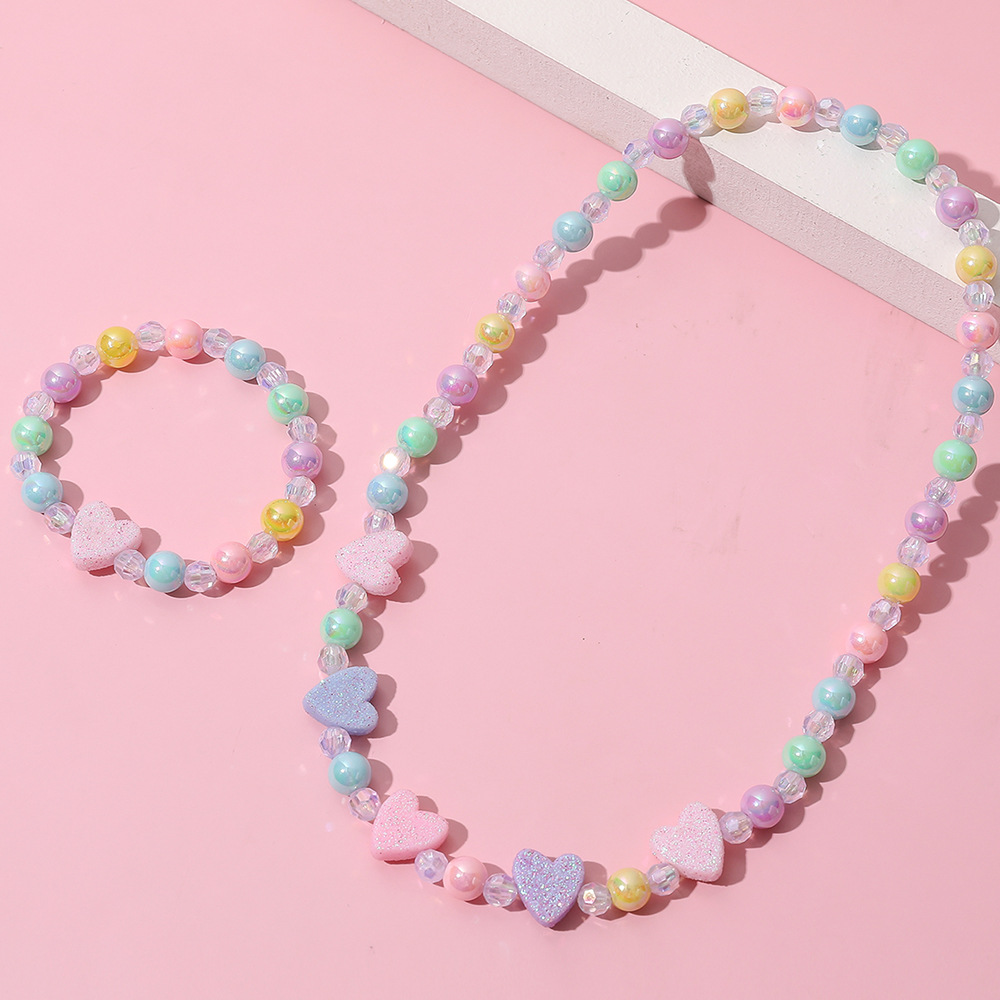 Cute Heart Shape Resin Beaded Bracelets Necklace 1 Set
