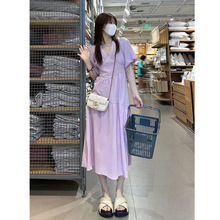 2024夏季新款温柔风收腰显瘦蓬蓬袖茶歇法式高级感紫色连衣裙女潮
