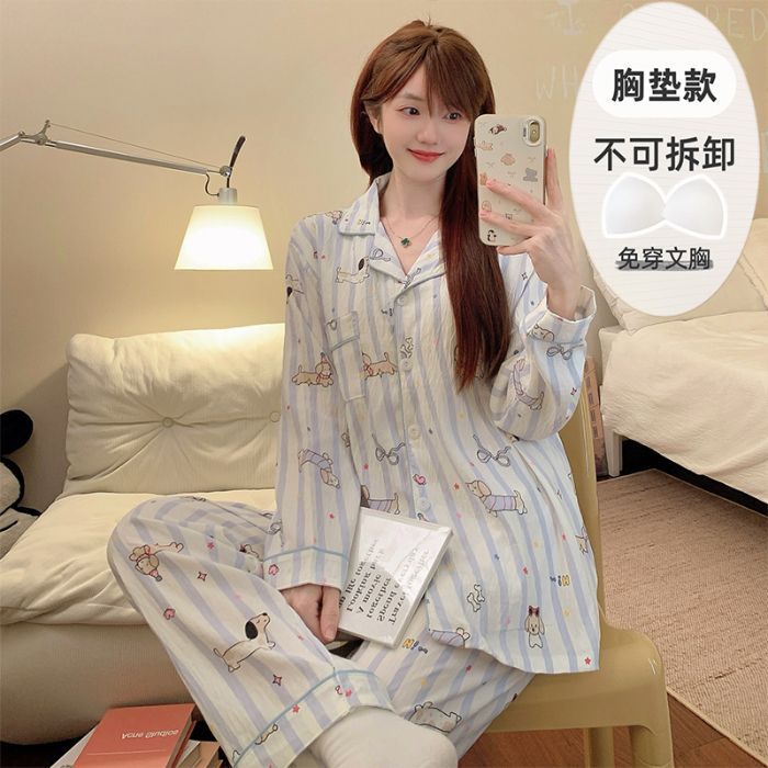 Al por mayor transfronterizo de otoño pantalones de manga larga pijamas casuales de mujer con cojín de pecho cardigan cómodo algodón nubes ropa para el hogar encantadora