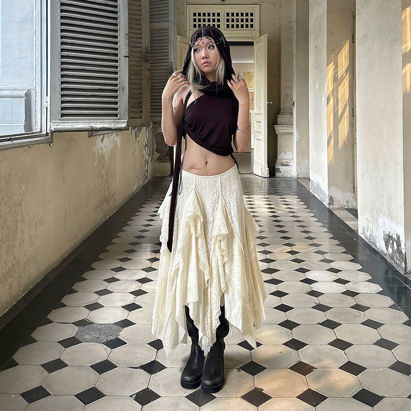 废土风流浪系拼蕾丝不规则半身裙女小众时尚低腰A字大摆长裙子|undefined