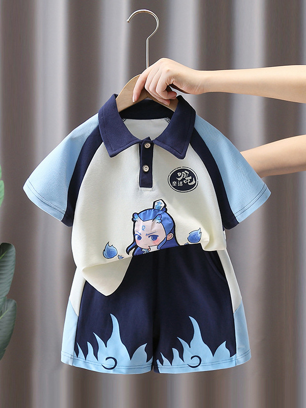 7406 Traje de verano para niños, Nezha para niños, ropa de mar Ao Bing, traje de dos piezas de polo de manga corta a juego