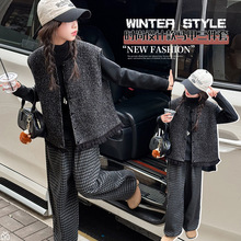 女中童毛呢马甲开衫打底衫套装秋冬2025新款加绒阔腿裤潮酷三件套