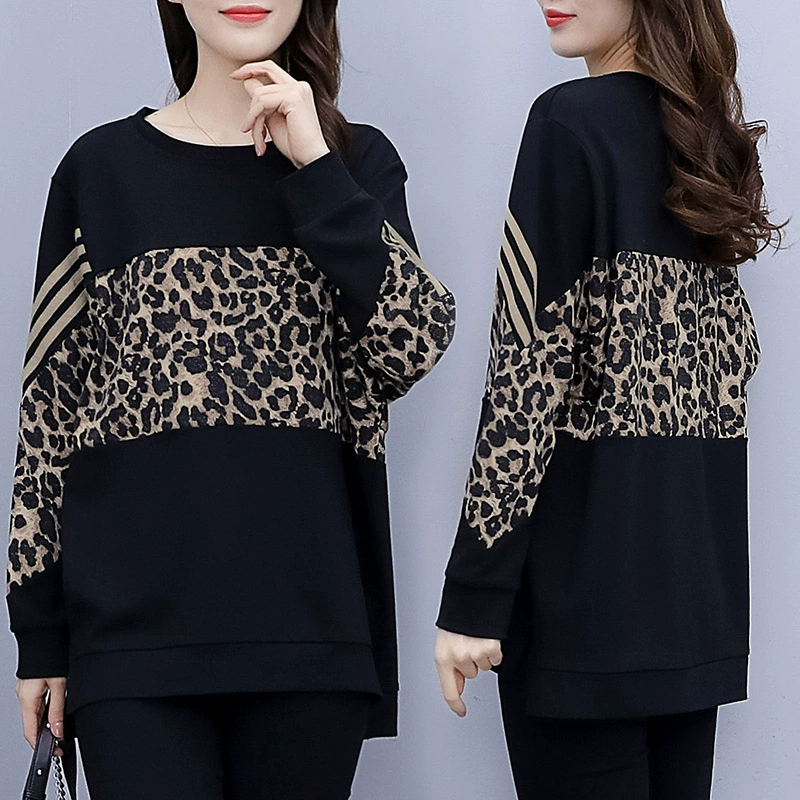 Новинка 2025: Модная женская одежда больших размеров для полных девушек, осенняя коллекция 2024, скрывающая недостатки, с леопардовым принтом, длинный рукав, футболка.