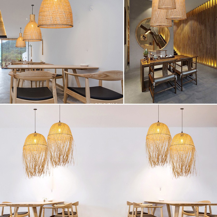 Lámpara de araña tejida de bambú Restaurante chino Lámpara de salón de té de linterna de bambú Restaurante japonés Sombrero de paja Lámpara de araña tejida de ratán B & B