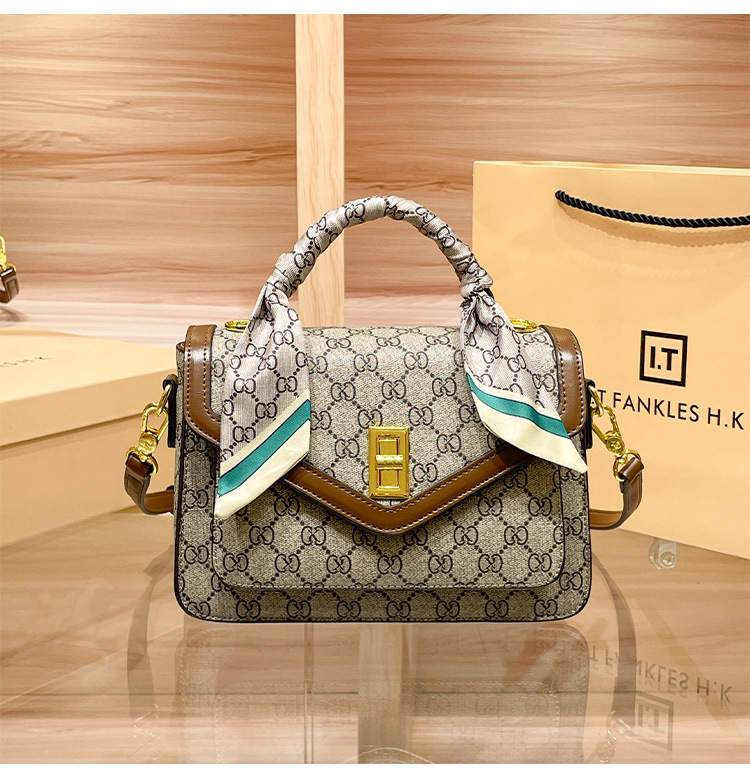 Túi đeo chéo nữ da thật dáng vuông nhỏ dung tích lớn họa tiết monogram — Cà phê/vàng đặc biệt, Cà phê/nâu, Màu kaki, Màu kaki 502 chi tiết 5
