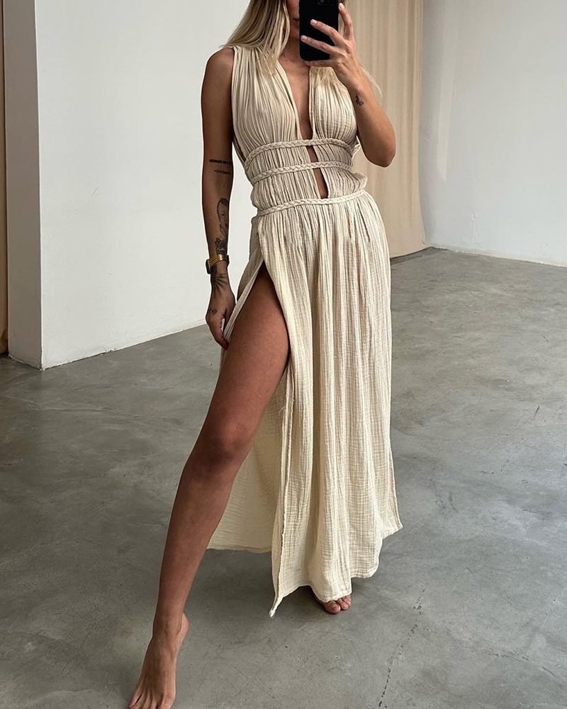 245g Weight Maxi Long Dress Dress Length Type Sleeveless Sleeve Length Tank Dress Dresses Type Linen Fabric Type Mid Waist Waist Line Holiday, Daily Occasion Deep V Neckline Regular Fit Fit Type Solid Color Pattern Summer Season Women's Gender Streetwear Style Wholesale Women's Streetwear Solid Color Holiday Daily Deep V Sleeveless Tank Dress 2
