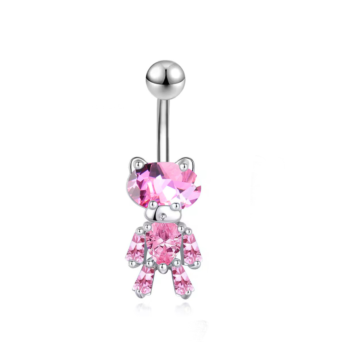 Stainless Steel Belly Button Ring With Pink Zircon Flower Charm_voghion.com