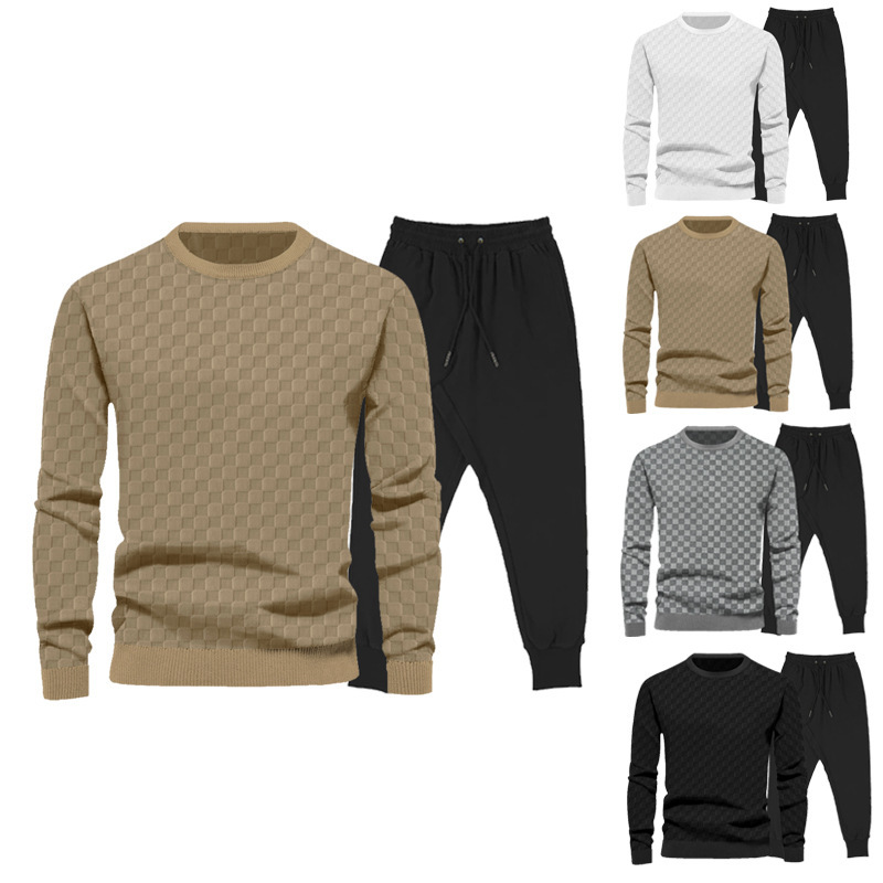 751g Weight Long Sleeve Sleeve Length Cotton Blend, Polyester Fabric Type Pants Sets Sets Type 2 Pieces Set Quantity Casual Occasion Round Neck Neckline Regular Fit Fit Type Plaid Pattern Winter, Autumn Season Men's Gender Streetwear Style Men's Autumn And Winter Jacquard Checkerboard Long-sleeved Trousers Sets  Men's Clothing 2
