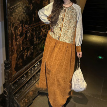 现货【松鹤】中式民族风拼接连衣裙2025秋冬新款复古长裙