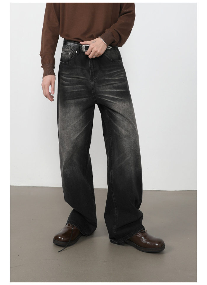 Quần jeans nam ống rộng lưng giữa, dáng suông thoải mái, chất denim washed — màu xanh, màu xanh nhạt, màu xám đen chi tiết 15