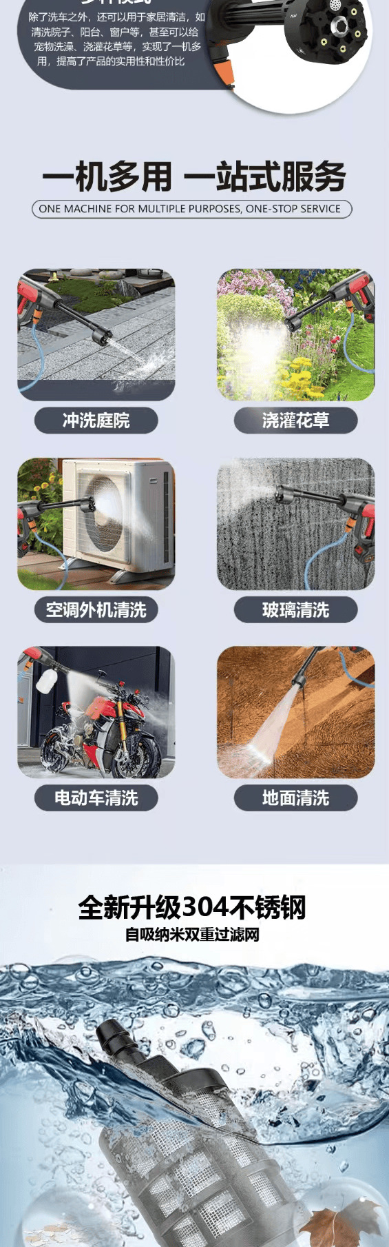 Car Wireless Car Wash Machine High-Pressure Water Gun Cleaning Tool Rechargeable High-Power Lithium Battery Car Wash Pump Multi-Function