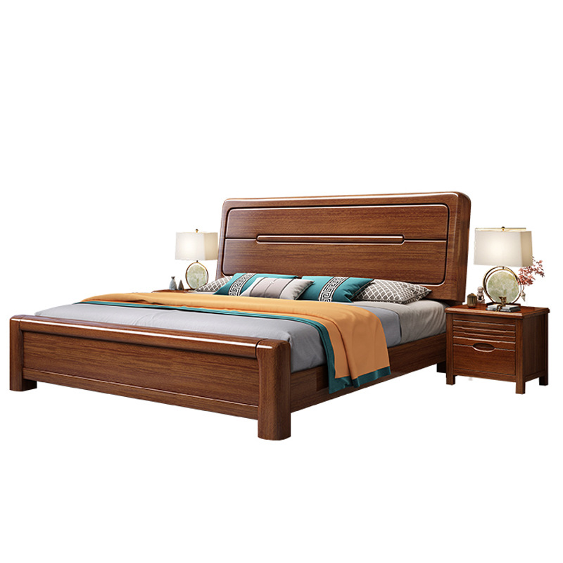 IYR7 Golden Walnut Solid Wood Full Bed 1.8m Double Bed Bedroom New Chinese Style 1.5m Small Apartment 1.2m Single 