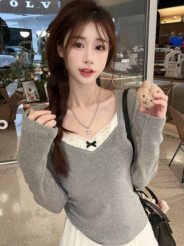 DeRong ボトリング暖かい偽ツーピースレーススプライシング長袖レディーストップス秋と冬スリムフィットボトリング Tシャツレディーストレンディ|undefined