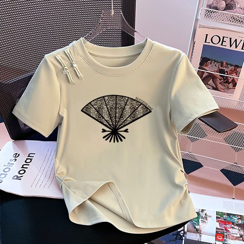 Nueva camiseta de manga corta con estampado de hebilla de disco de estilo chino para mujer verano talla grande grasa mm moda todo-fósforo temperamento delgado estilo nacional top