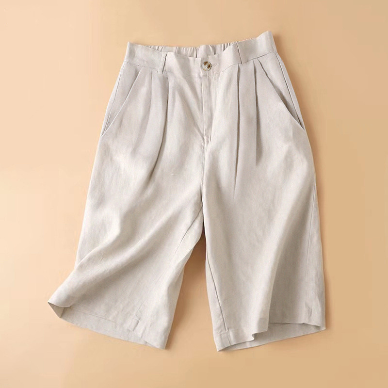 Linen Mid-Length Pants Summer Thin Shorts Five-Point Pants Cotton and Linen Professional Wide-Leg Suit Pants Women's High-Waist Slimming Hot Pants