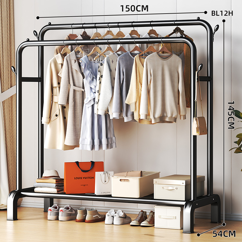 더블 폴 150cm 검정색 수납 선반 4개 옷걸이