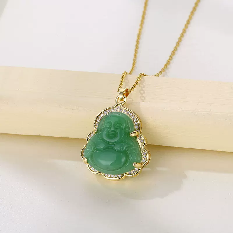 跨境嘻哈国潮新款锁骨链不锈钢镀金镶钻仿玉髓大肚弥勒佛吊坠项链