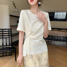 桑蚕丝国风盘扣设计感收腰短袖衬衫女2025夏新款提花简约真丝上衣