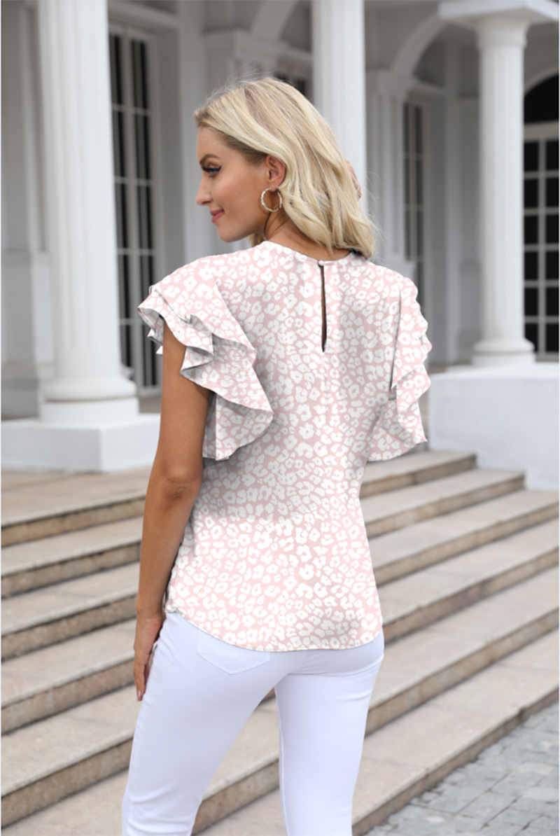 Women's Clothing Round Neck Printed Ruffled Short Sleeve Chiffon Shirt Fragmented Pullover T-shirt_voghion.com