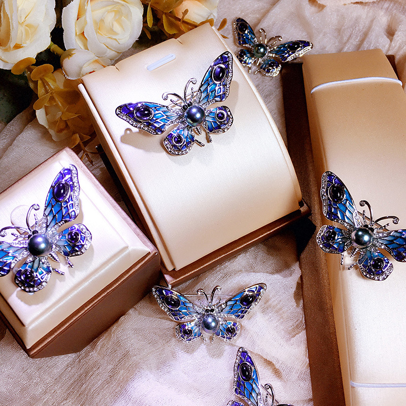 European and American enamel painted butterfly brooch, freshwater pearl opal pin, sweater chain dual use_voghion.com